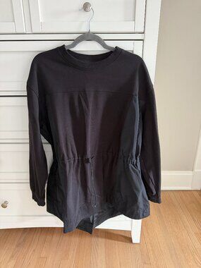 Athleta XL Black Cinched Waist Pullover Mixed Media Sweatshirt Tunic Adjustable